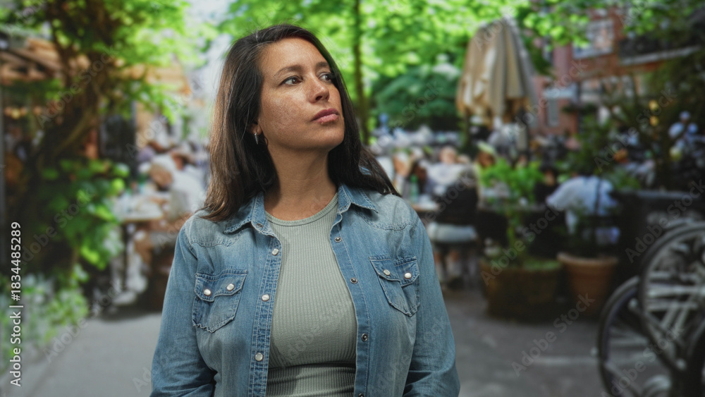 Fototapeta premium Woman in denim jacket looking to side on a street cafe wearing a green ribbed top with a neutral expression; quiet contemplation.