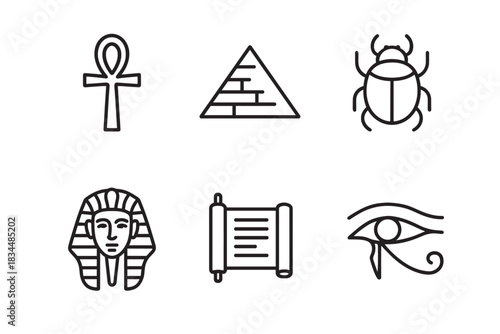 Set of six ancient Egyptian symbols in a minimalist black line art style, featuring an ankh, pyramid, scarab beetle, pharaoh mask, papyrus scroll, and the Eye of Horus