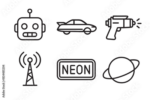 Set of six black retro-futuristic line icons featuring a robot head, futuristic car, ray gun, radio tower, neon sign, and a ringed planet in a minimalist graphic style