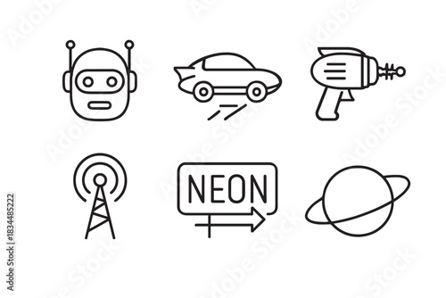 Set of six futuristic icons featuring a robot head, flying car, ray gun, antenna, neon sign, and planet, all rendered in a clean black and white line art style for a retro sci-fi theme
