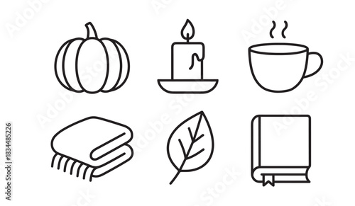 Set of black line art icons representing autumn comfort includes a pumpkin, candle, hot drink, blanket, leaf, and book in a minimalist style for cozy seasonal themes