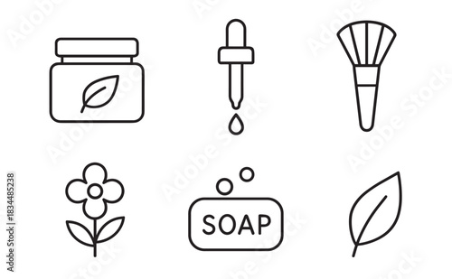 Set of six black line icons representing natural beauty products and organic skincare, including a cream jar, dropper, makeup brush, flower, soap bar, and a leaf symbol