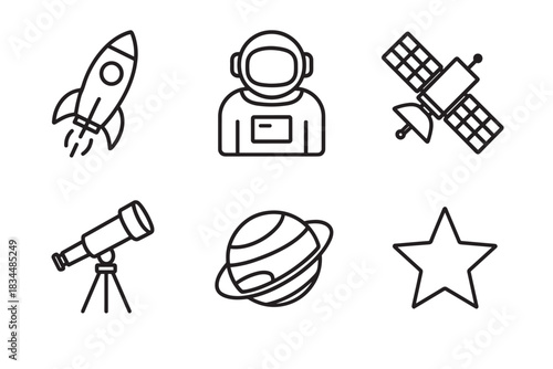 Set of six black line space icons featuring a rocket, astronaut, satellite, telescope, planet, and star in a minimalist vector style illustration for science and exploration themes