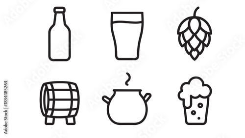 Set of six black line icons representing beer and the brewing process in a simple minimalist style, featuring a bottle, pint glass, hop, barrel, pot, and foamy mug