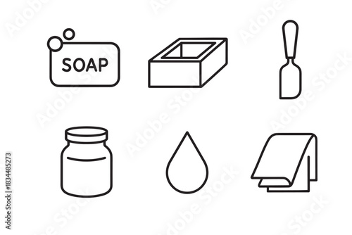 Set of six black line art icons for soap making and handmade cosmetics, including a bar, mold, spatula, jar, liquid drop, and cloth, presented in a minimalist vector style