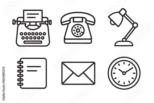 Set of six black outline icons featuring retro office objects including a typewriter, rotary telephone, desk lamp, notebook, envelope, and clock