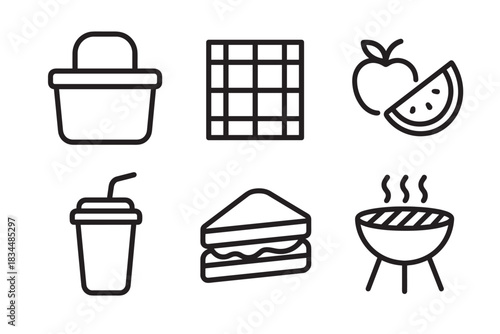 Set of six black line icons representing a summer picnic or outdoor barbecue with a basket, blanket, fruit, drink, sandwich, and grill in a minimalist outline style