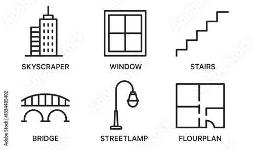 Set of six black line icons representing architecture and urban elements like a skyscraper, window, stairs, bridge, streetlamp, and floorplan in a minimalist vector style