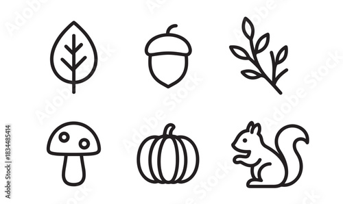 Set of six autumn forest icons including a leaf, acorn, branch, mushroom, pumpkin, and squirrel in a simple black and white line art style for seasonal design