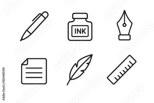 Set of six black line icons representing writing and calligraphy tools including a pen, ink bottle, nib, document, quill, and ruler in a minimalist vector graphic style
