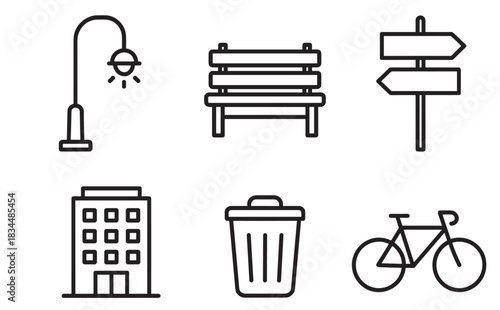 Set of six black line icons representing urban city life elements like a lamppost, bench, signpost, building, trash can, and bicycle in a minimalist vector graphic style