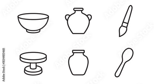 Set of black line art icons representing pottery and ceramic crafting, featuring a bowl, vase, paintbrush, potter's wheel, jar, and sculpting tool in a simple graphic style