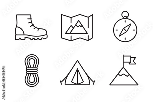 Set of six black line icons for hiking and camping themes, including a boot, map, compass, rope, tent, and mountain peak, presented in a clean minimalist outline style