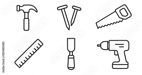 Set of six black line art icons of construction tools including a hammer, nails, saw, ruler, chisel, and drill, representing DIY projects, carpentry, and home improvement