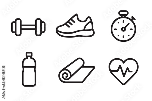 Set of six black line icons for fitness and exercise including a dumbbell, sneaker, stopwatch, water bottle, yoga mat, and heart rate symbol in a minimalist vector style