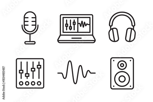 Set of black line art icons for music production and audio recording, featuring a microphone, laptop, headphones, mixer, waveform, and speaker in a minimalist vector style