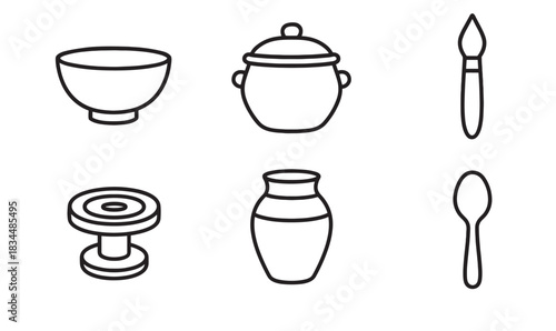 Set of black line art icons featuring pottery and kitchenware items like a bowl, pot, vase, potter's wheel, paintbrush, and spoon in a minimalist contour style
