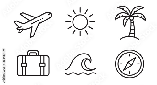 Black line art travel icon collection featuring a plane, sun, palm tree, luggage, ocean wave, and compass, representing summer vacation, adventure, and tourism concepts