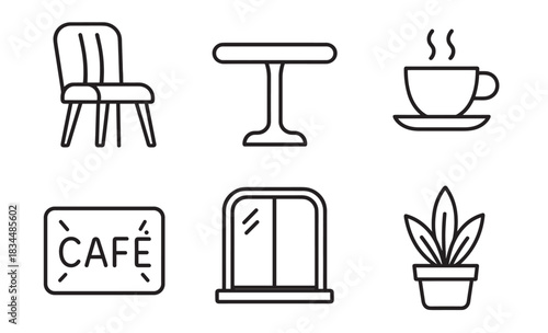 Minimalist cafe and coffee shop icon collection with linear illustrations of a chair, table, hot drink, sign, window, and houseplant in a simple graphic style