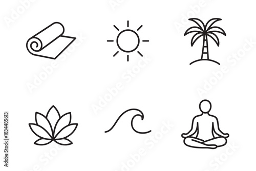 Yoga and wellness themed linear icon set featuring a rolled mat, sun, tropical palm tree, lotus blossom, sea wave, and a figure in a meditation pose for a calm retreat