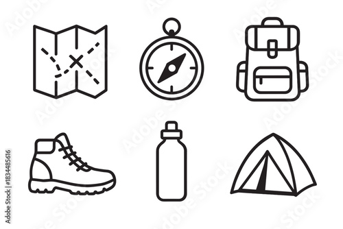 Six black outline icons representing hiking equipment and camping gear like a map, compass, backpack, boot, water bottle, and tent, drawn in a clean, minimalist vector style