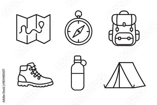 Hiking and camping equipment vector icon set with a map, compass, backpack, boot, bottle, and tent, illustrated in a clean, simple black outline graphic style