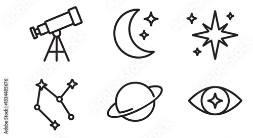 Six simple black outline vector icons for astronomy and cosmology, showcasing a telescope, planet with rings, crescent moon, bright star, constellation, and a mystic eye