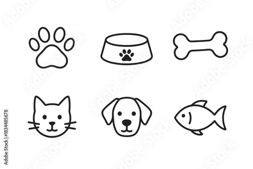 Set of six pet-related icons including a cat, dog, fish, paw print, bowl, and bone, rendered in a simple black and white line art style for veterinary or pet shop concepts