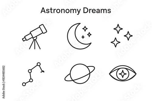 Set of six black astronomy icons in a minimalist line art style showing a telescope, crescent moon, stars, constellation, ringed planet, and an eye with a star pupil