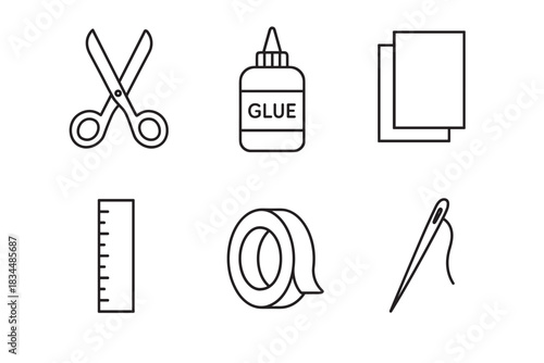 Set of six black line art icons representing craft supplies including scissors, glue, paper, a ruler, tape, and a needle with thread, presented in a clean, minimalist style