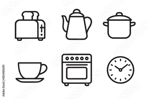 Set of six black line icons representing various kitchen appliances and utensils for cooking and breakfast, including a toaster, kettle, pot, teacup, oven, and a clock for timing