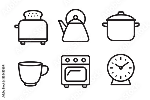 Set of six black line icons showing kitchen appliances and breakfast items like a toaster, kettle, pot, mug, oven, and an alarm clock in a simple minimalist vector style