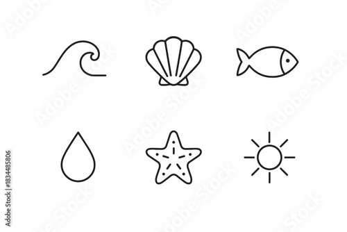 Set of six black line icons representing summer and sea elements like a wave, shell, fish, drop, starfish, and sun in a minimalist style
