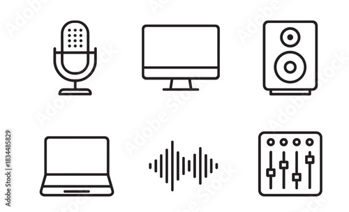 Set of six black line icons representing audio production and music recording equipment, including a microphone, speaker, mixer, and computer, in a clean minimalist vector style