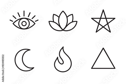 Set of six spiritual symbols including an eye, lotus, pentagram, moon, flame, and triangle in a minimalist black line art style for esoteric and mystic concepts