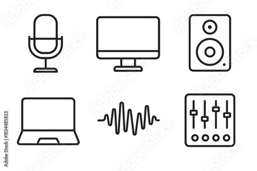 Set of six black outline icons for audio production and podcasting, featuring a microphone, computer, speaker, laptop, sound wave, and a mixing console in a minimalist style