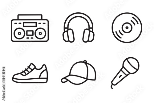 Set of six black line icons representing hip-hop culture including a boombox, headphones, vinyl record, sneaker, cap, and microphone in a minimalist vector style illustration