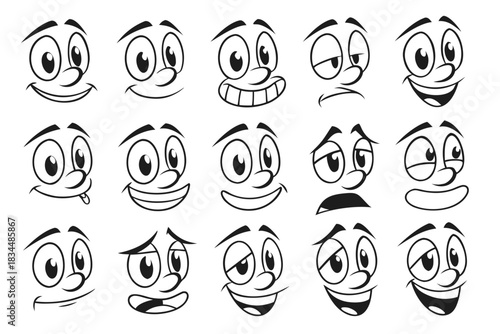 Cartoon retro faces. Vintage emotional face with mascot characters funny faces , eyes and mouths elements.	
