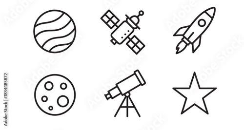 Set of space and astronomy icons featuring a planet, satellite, rocket, moon, telescope, and star, illustrated in a simple black and white line art style