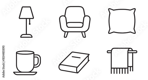 Set of six minimalist home comfort icons including a lamp, armchair, pillow, mug, book, and blanket, drawn in a simple black line art style for relaxation and cozy concepts