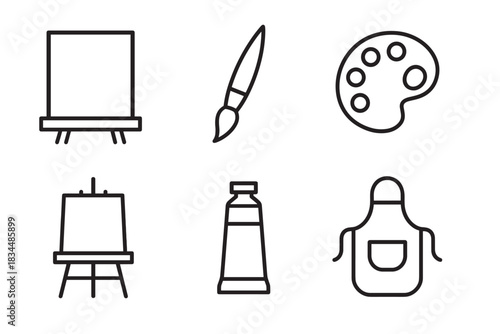 Set of six black line art icons for painting and creativity, including an easel, canvas, paintbrush, palette, paint tube, and apron in a minimalist vector illustration