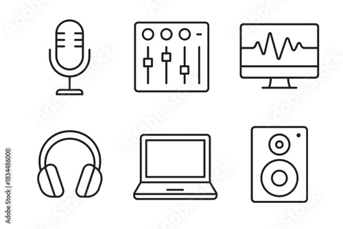 Set of six black line icons for music production and podcasting including a microphone, mixer, headphones, and speaker in a minimalist outline style