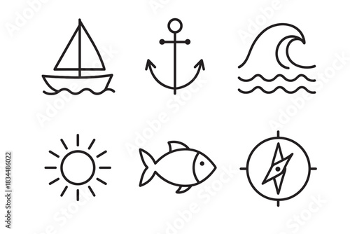 Set of six nautical line icons featuring a sailboat, anchor, wave, sun, fish, and compass for a marine or summer travel theme in a simple minimalist black and white style