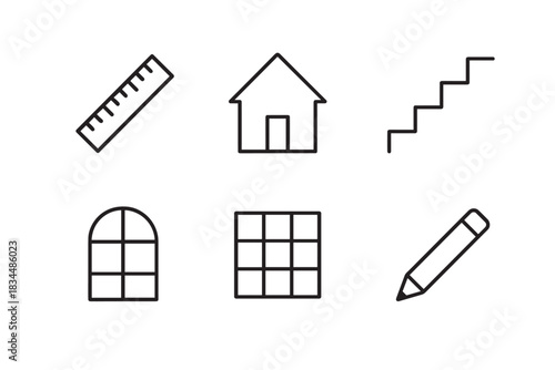 Set of six black line icons representing architecture and construction with a house, ruler, pencil, stairs, and windows in a simple, minimalist outline style