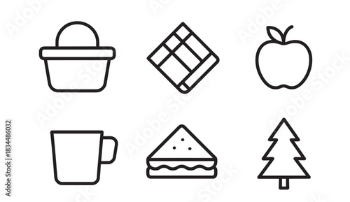 Set of six black line icons representing a picnic theme with a basket, blanket, apple, mug, sandwich, and tree in a minimalist vector style for graphic design