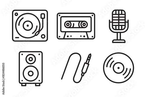 Set of six music and audio icons featuring a turntable, cassette, microphone, speaker, audio jack, and vinyl record in a clean black and white line art vector illustration style