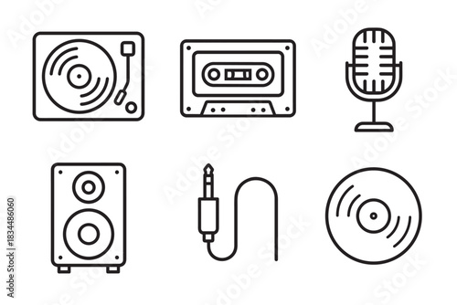 Six black outline icons of vintage audio equipment including a record player, cassette tape, studio microphone, sound speaker, cable jack, and vinyl disc in a clean vector illustration