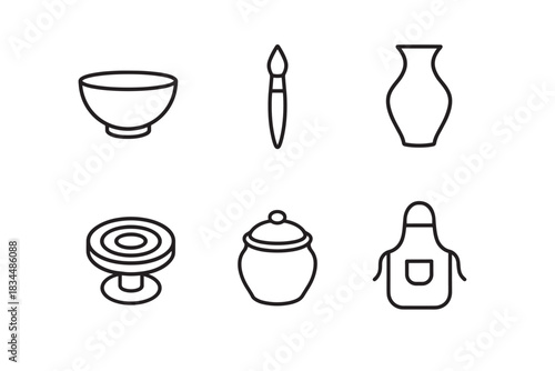 Set of six pottery and ceramics icons including a bowl, vase, paintbrush, potter's wheel, jar, and apron, rendered in a simple black line art style for creative concepts