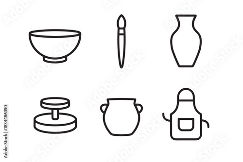 Set of black line art icons representing pottery and ceramics craft supplies, including a bowl, vase, pot, potter's wheel, paintbrush, and apron in a minimalist style