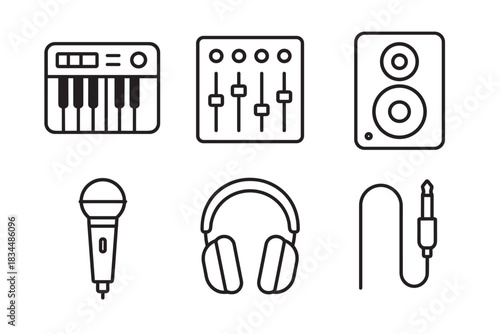 Set of six music production icons featuring a synthesizer, audio mixer, studio speaker, microphone, headphones, and jack cable, designed in a clean black line art vector style